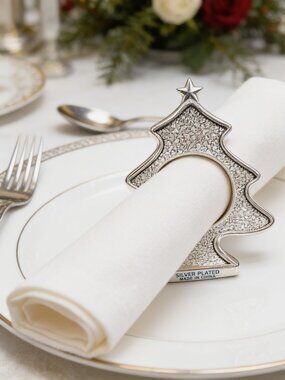 4pc Napkin Rings Silver Christmas Tree